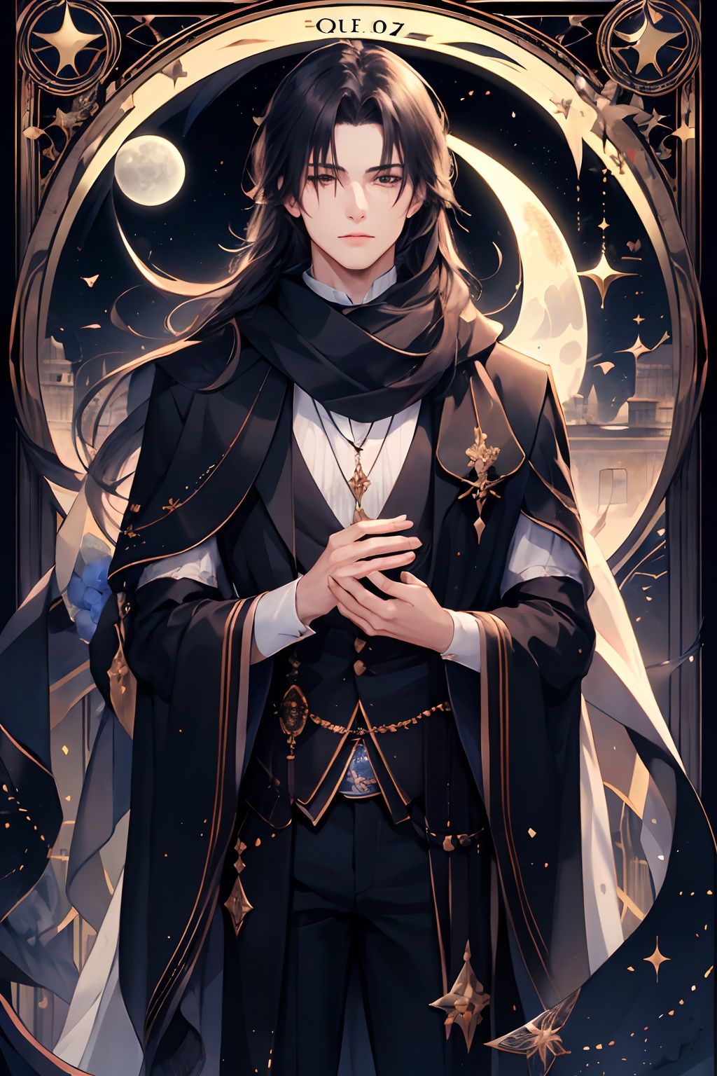 qztarot, solo, long hair, 1boy, scarf, moon, flower, 1girl, male focus, Tarot card