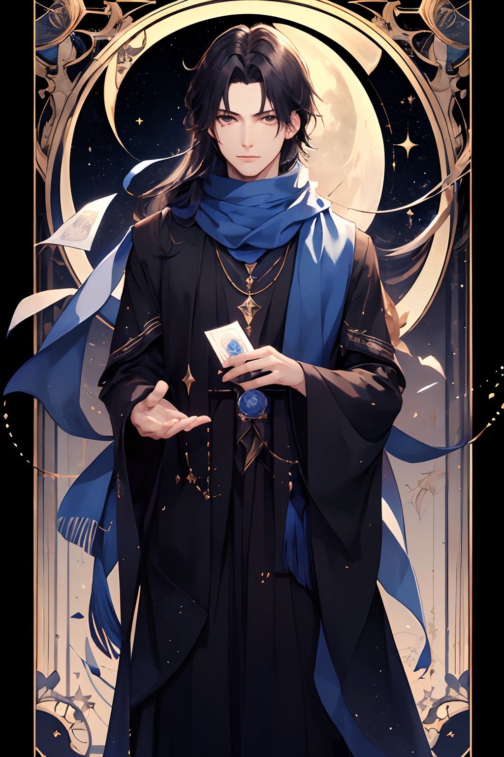qztarot, solo, long hair, 1boy, scarf, moon, flower, 1girl, male focus, Tarot card