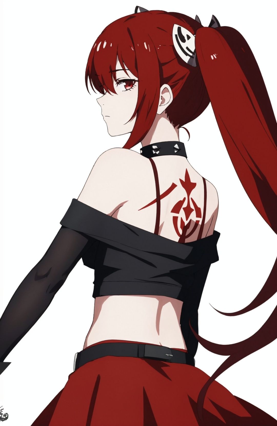 1 girl, back tattoo,(blank eyes,expressionless:1.2),medium breasts,anarchy (mahou shoujo magical destroyers), red hair, red ribbon,twin tails, red eyes, two black water drops tattoo, black necklace of thorns, black shirt written rage, red skirt, red socks, black boot, perfectly detailed, best quality,
(white background,simple background),