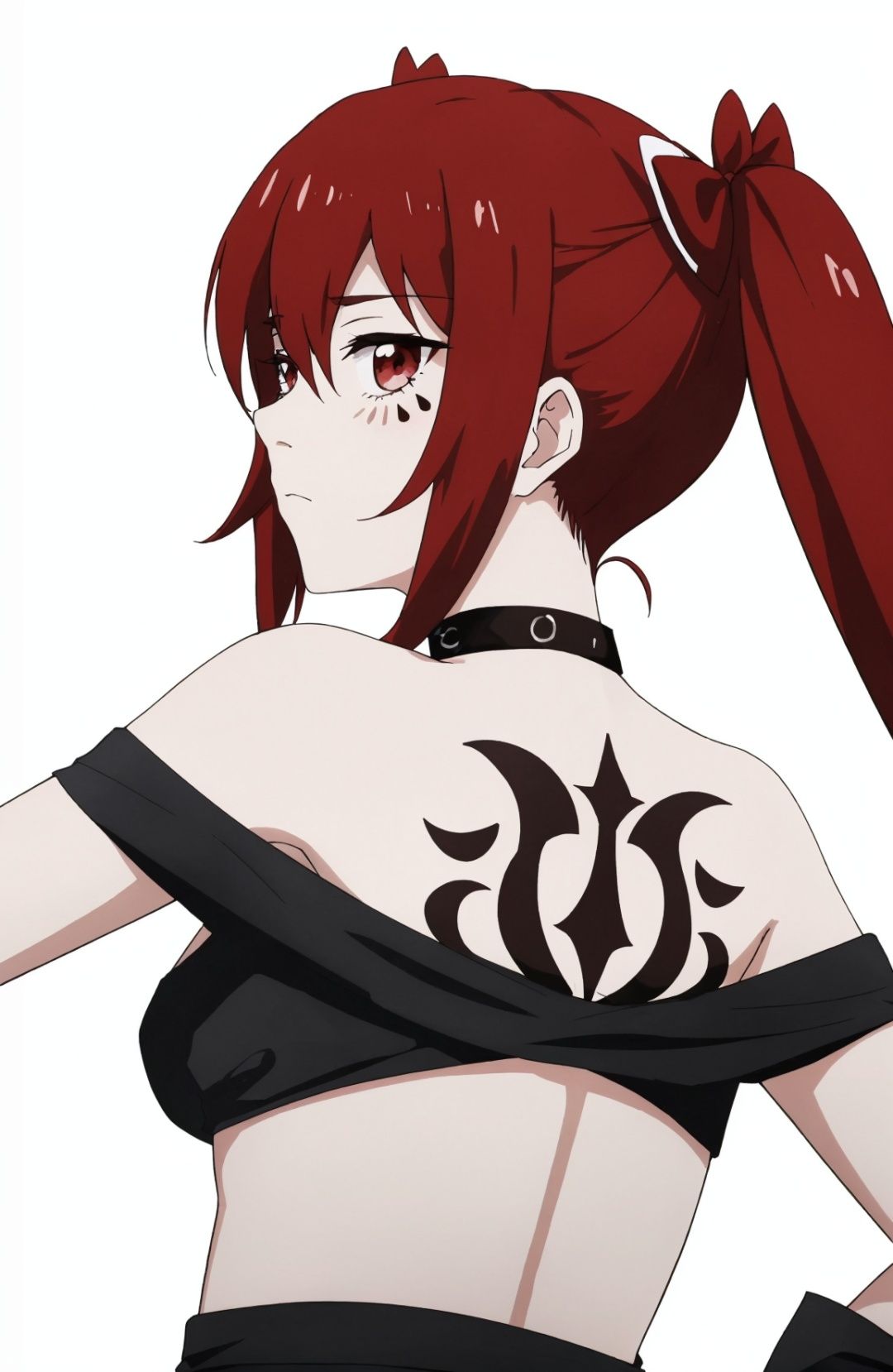 1 girl, back tattoo,(blank eyes,expressionless:1.2),medium breasts,anarchy (mahou shoujo magical destroyers), red hair, red ribbon,twin tails, red eyes, two black water drops tattoo, black necklace of thorns, black shirt written rage, red skirt, red socks, black boot, perfectly detailed, best quality,
(white background,simple background),