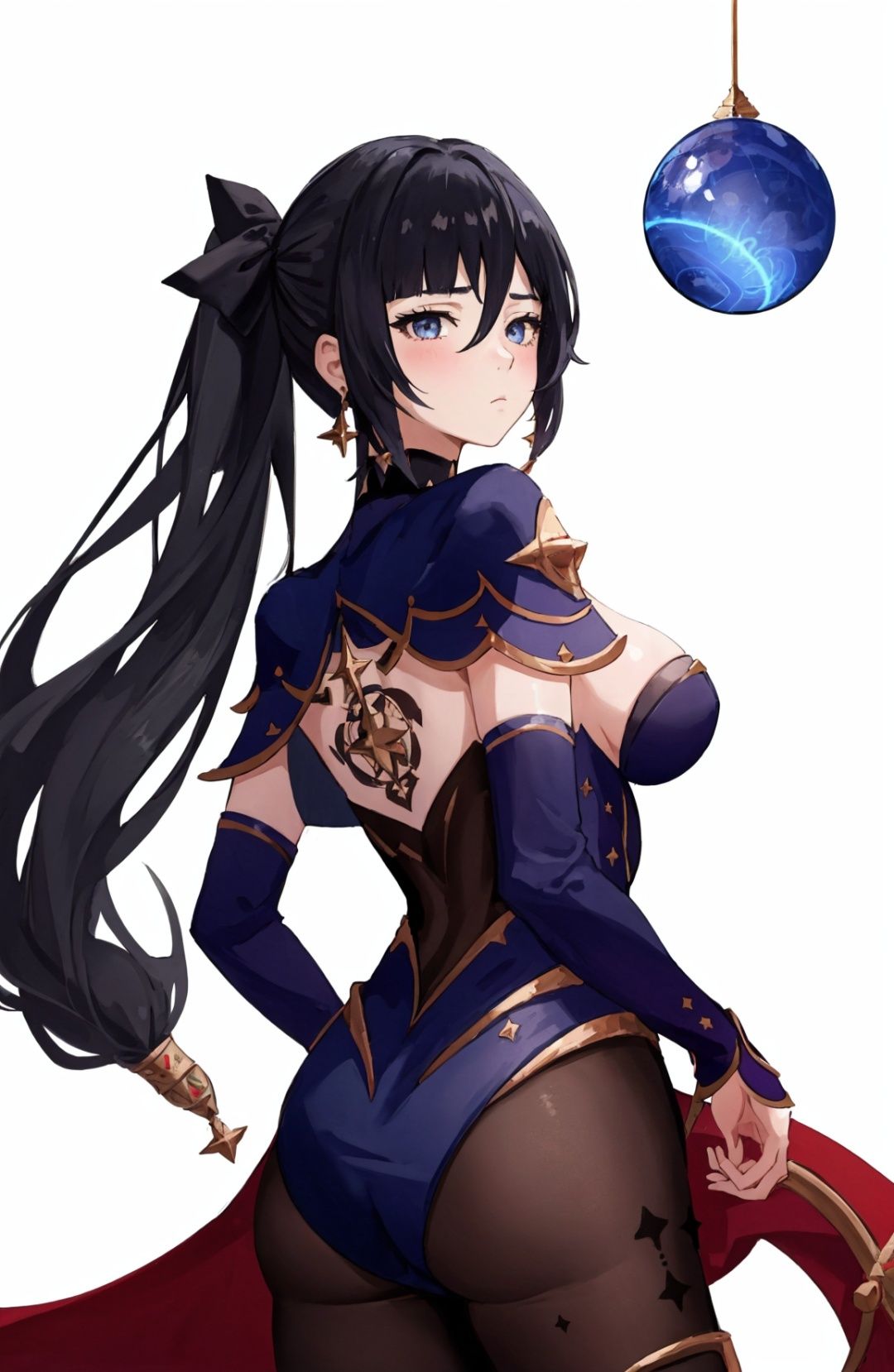 1 girl, back tattoo,mona,(blank eyes,expressionless:1.2),large breasts,(black bodystocking:1.2),capelet,choker,hair ribbon,earring,head tilt,
(white background,simple background),water orb,