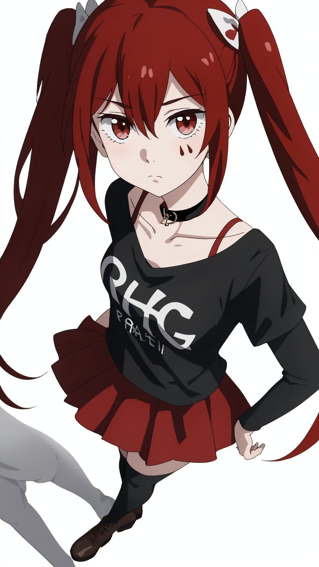 1 girl,full body,(blank eyes,expressionless:1.2),medium breasts,anarchy (mahou shoujo magical destroyers), red hair, red ribbon,twin tails, red eyes, two black water drops tattoo, black necklace of thorns, black shirt written rage, (red skirt, red stockings, black boot), perfectly detailed, best quality,
(white background,simple background),