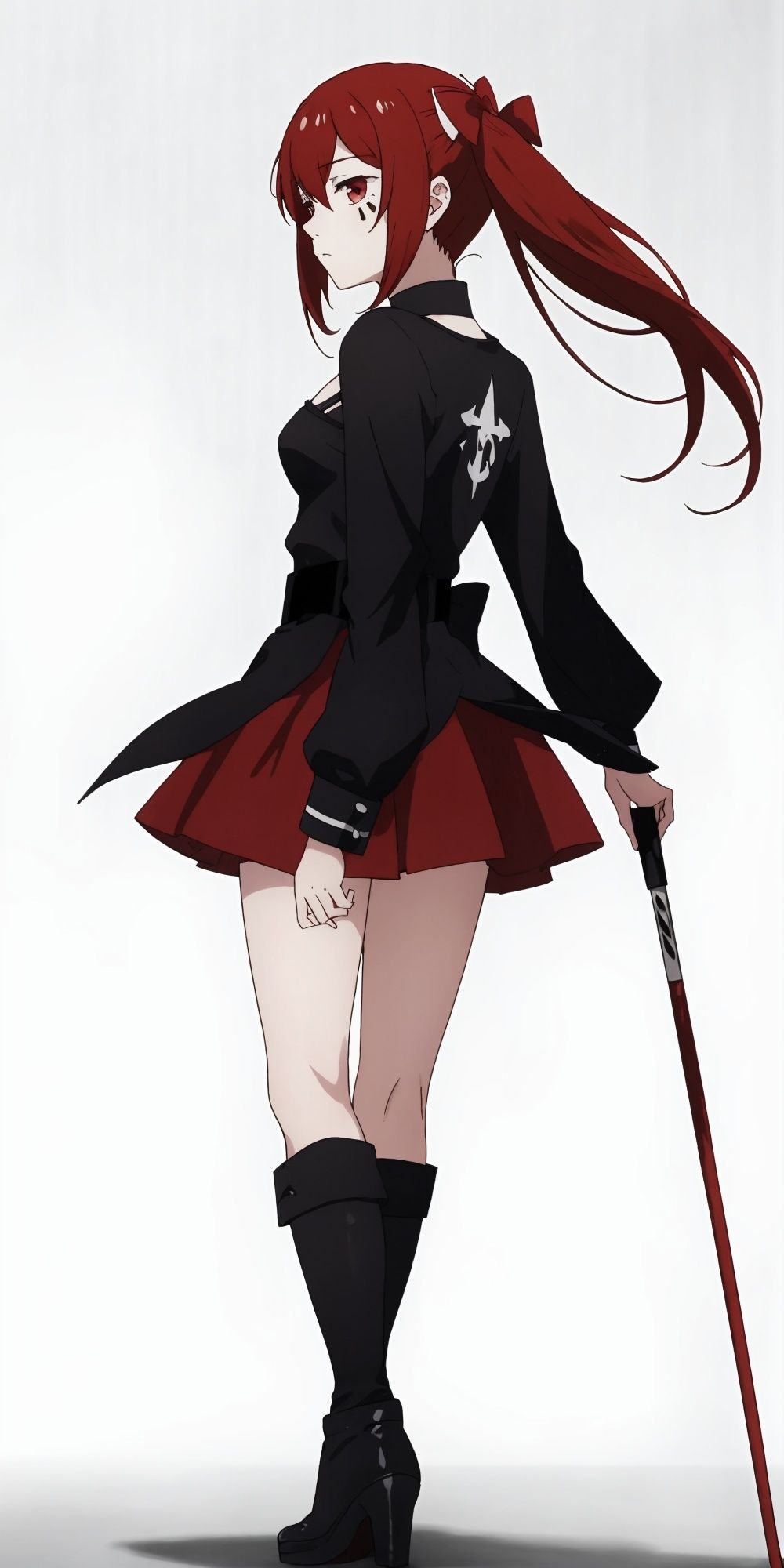 1 girl,full body,(blank eyes,expressionless:1.2),medium breasts,anarchy (mahou shoujo magical destroyers), red hair, red ribbon,twin tails, red eyes, two black water drops tattoo, black necklace of thorns, black shirt written rage, (red skirt, red stockings, black boot), perfectly detailed, best quality,
(white background,simple background),