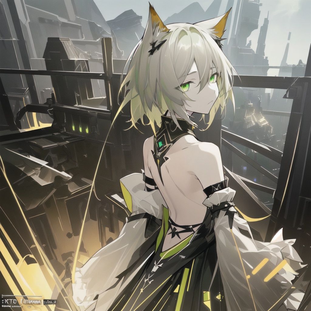 arknights,masterpiece,best quality,official art,extremely detailed CG unity 8k wallpaper,{{{kaltsit (arknights)}}},light green white hair,empty eyes,expressionless,bare_shoulders, detached_sleeves, flat_chest,mature female, {backless dress},medium hair, light green eyes,cat ears,highres,