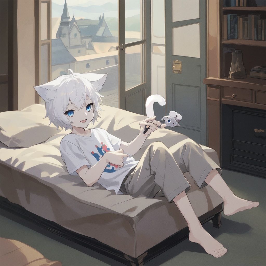 best quality, masterpiece, cg, blue eyes, white hair,shota, smile, cat_ears/nekomimi, holding a dagger, without ears,boy,white tail,one person,little boy,casual clothes,