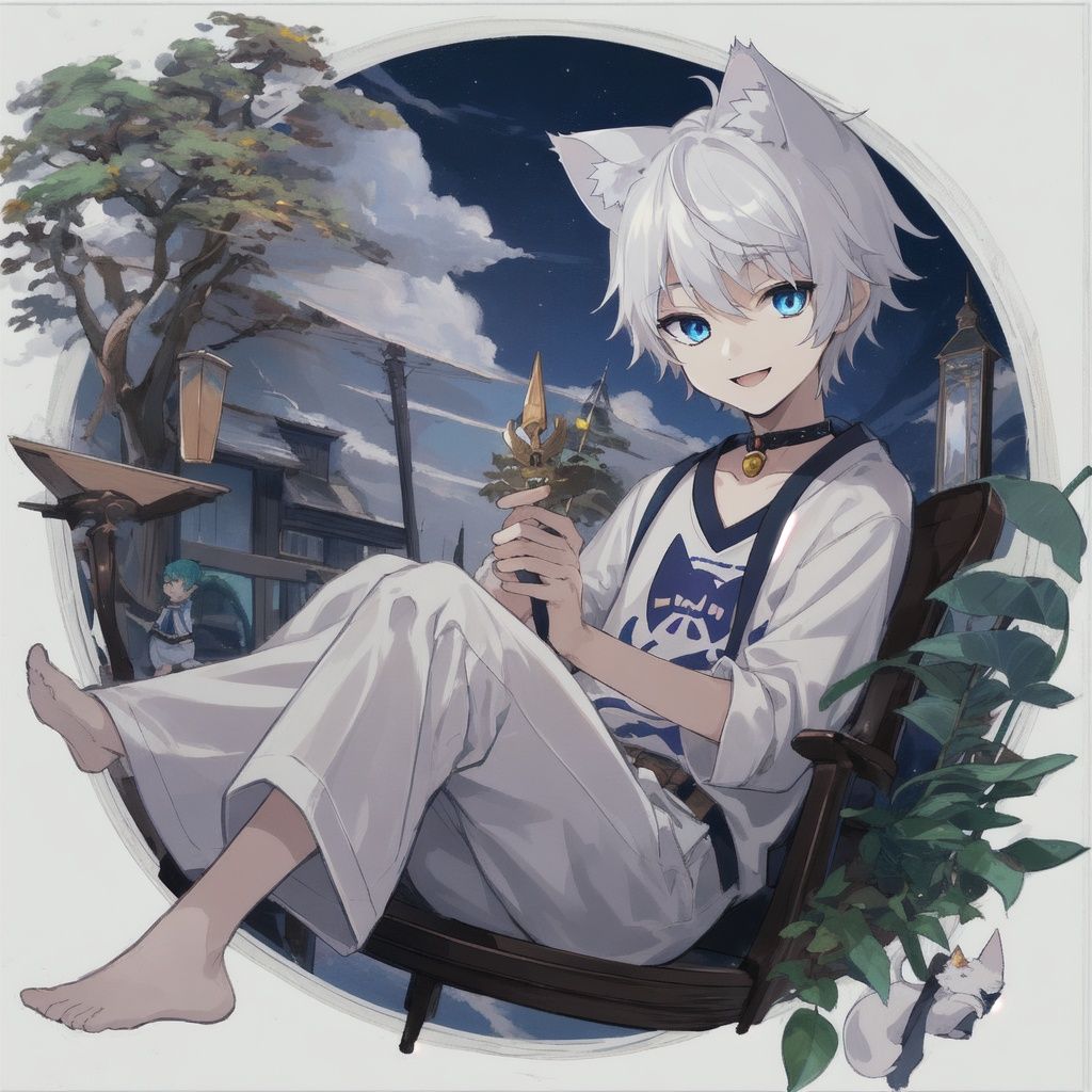 best quality, masterpiece, cg, blue eyes, white hair,shota, smile, cat_ears/nekomimi, holding a dagger, without ears,boy,white tail,one person,little boy,casual clothes,
