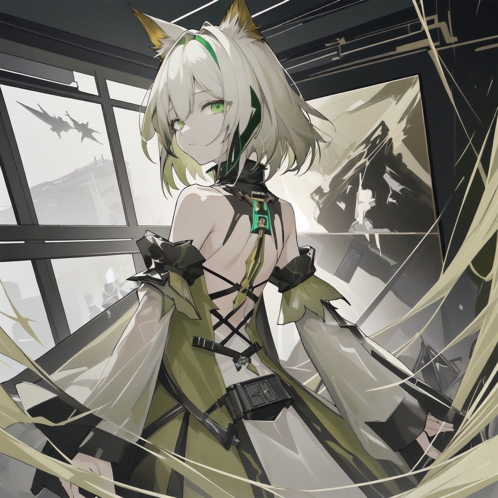 arknights,masterpiece,best quality,official art,extremely detailed CG unity 8k wallpaper,{{{kaltsit (arknights)}}},light green white hair,empty eyes,expressionless,bare_shoulders, detached_sleeves, flat_chest,mature female, {backless dress},medium hair, light green eyes,cat ears,highres,