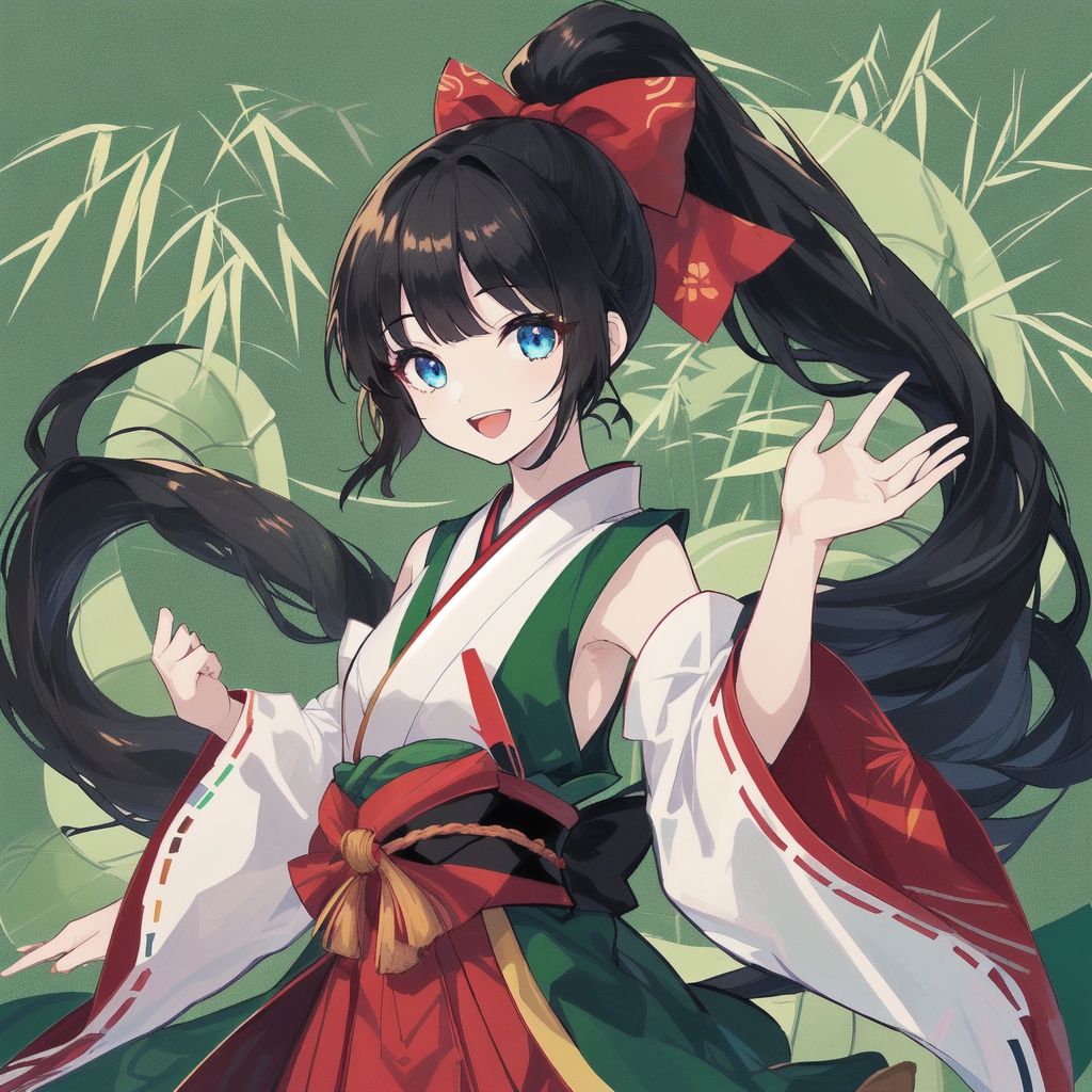 1girl, :d, artist_name, bamboo, black_hair, blue_eyes, bow, detached_sleeves, green_background, japanese_clothes, leaf, long_hair, looking_at_viewer, open_mouth, pom_pom_\(clothes\), ponytail, smile, solo, twitter_username, very_long_hair, wide_sleeves