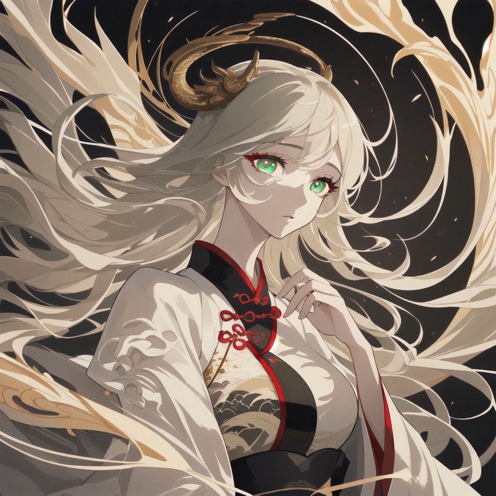 (masterpiece), (best quality), (super delicate), (illustration), (extremely delicate and beautiful), (dynamic angle), white and black highlights, (Chinese dragon background), China, 1 girl, Hanfu, (complex details) (beautiful and delicate eyes), golden eyes, green pupils, delicate face, upper body, messy floating hair, messy hair, focus, perfect hands, (fantasy wind),