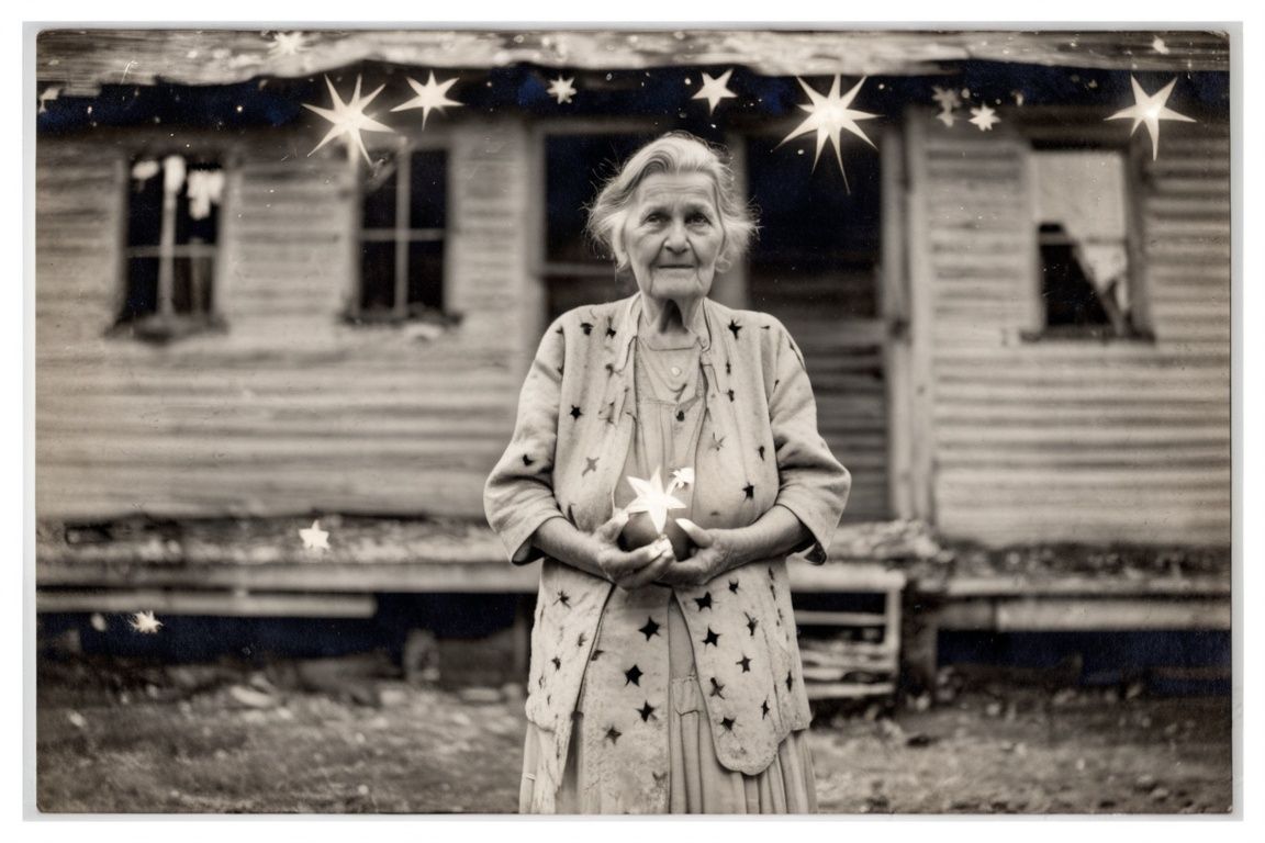 photo of an old woman,  standing in front of an abandoned house,  holding a handful of glowing stars on Tensor.Art