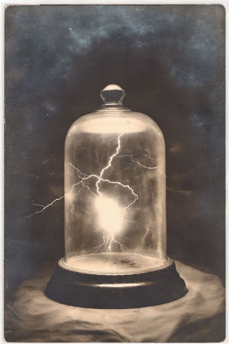 thunderclouds and lightning inside a bell jar,  moody,  black shadowy background on Tensor.Art