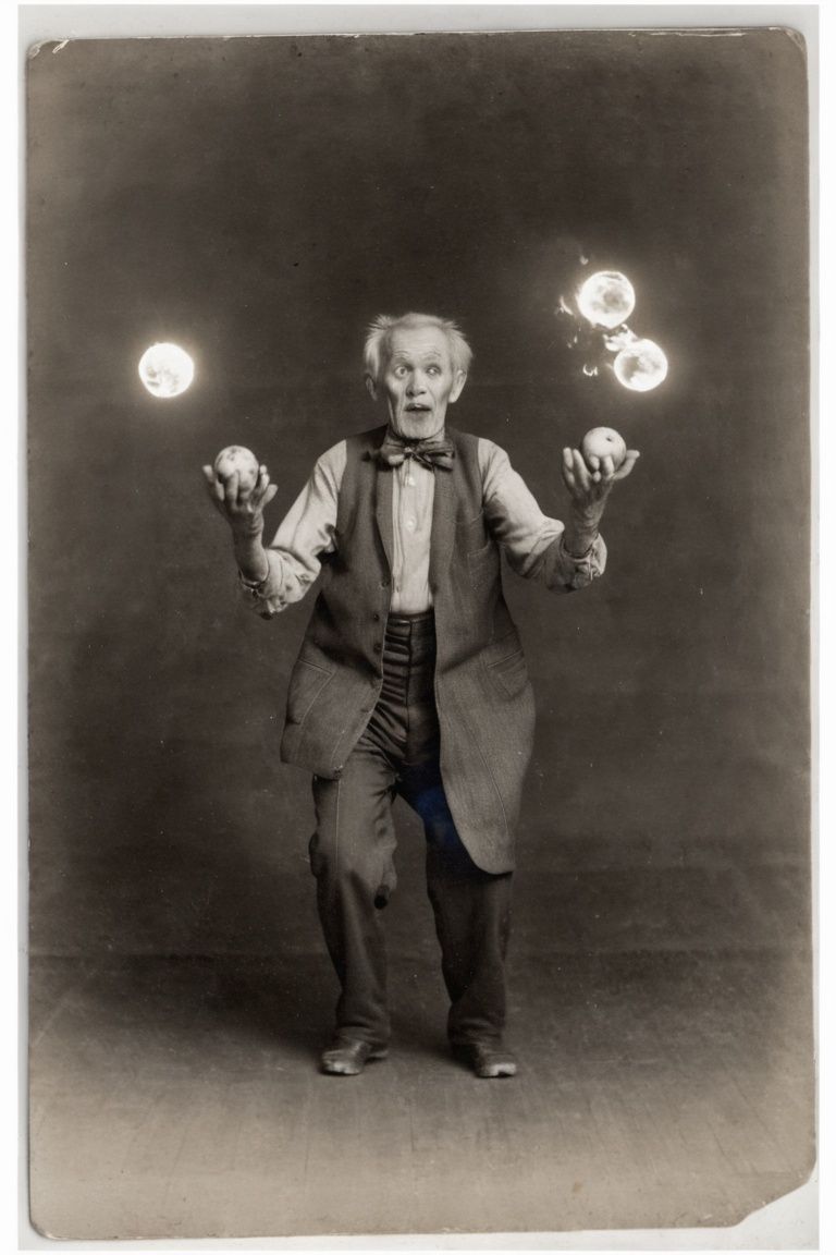 photograph of an old man juggling five balls of fire on Tensor.Art