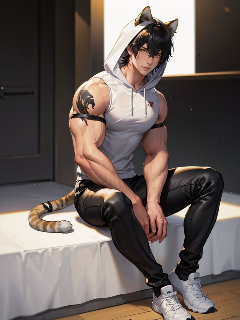 <lora:broca-000003:1>,Broca_b,animal ears,black hair,short hair,hair between eyes,yellow eyes,cat ears,tail,tattoo,muscular,cat boy,black pants,hoodie,sleeveless hoodie,white footwear,shoes,full body,sitting,, best quality,masterpiece,highres,realistic,1boy,male focus,solo,looking at viewer,