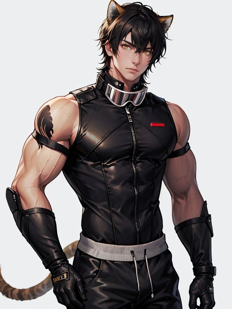 <lora:broca-000003:1>,Broca_a,animal ears,black hair,short hair,hair between eyes,yellow eyes,cat ears,tail,tattoo,muscular,cat boy,black gloves,gloves,sleeveless,shirt,black shirt,sleeveless shirt,pants,goggles,upper body, best quality,masterpiece,highres,realistic,1boy,male focus,solo,looking at viewer,