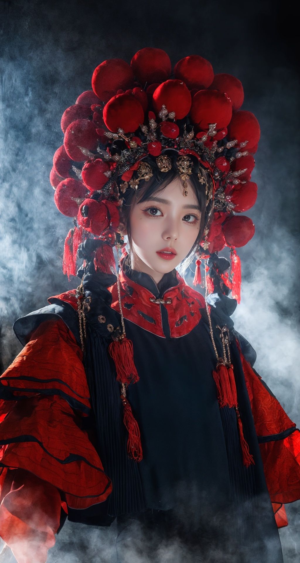 (masterpiece:1.4, best quality),(intricate details),unity 8k wallpaper,frightened,horror,evil spirits,sinophobia,ultra detailed,cool tone,night,1girl,solo,<lora:add_detail:0.65>,<lora:中国戏曲：CNoperaCostume,CNoperaFlag,CNoperaHeaddress,:0.8>,CNoperaCostume,<lora:中式恐怖提示词：horror,dark theme,monster boy,monster girl,sytx,yinjian:0.6>,dark theme,sytx,yinjian,red lantern,chinese zombie,death,calamity,dise,the pale face,expressionless,blank stare,large breasts,upper body,, masterpiece, best quality,