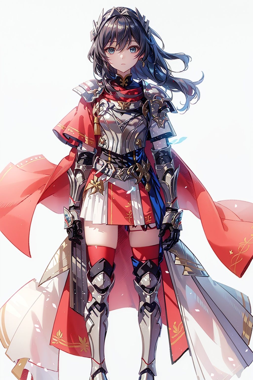 (masterpiece:1.3),(the best quality:1.2),(super fine illustrations:1.2),(Masterpiece),high quality,high detail,(white background:1.2),looking at viewer,(SOLO:1.4),outline,simple background,, pauldrons,thighhighs,breastplate,red cape,red skirt,blue eyes,hair_between_eyes,fu_hua,long hair,shoulder armor,armor,shoulder_armor, shoulder_armor