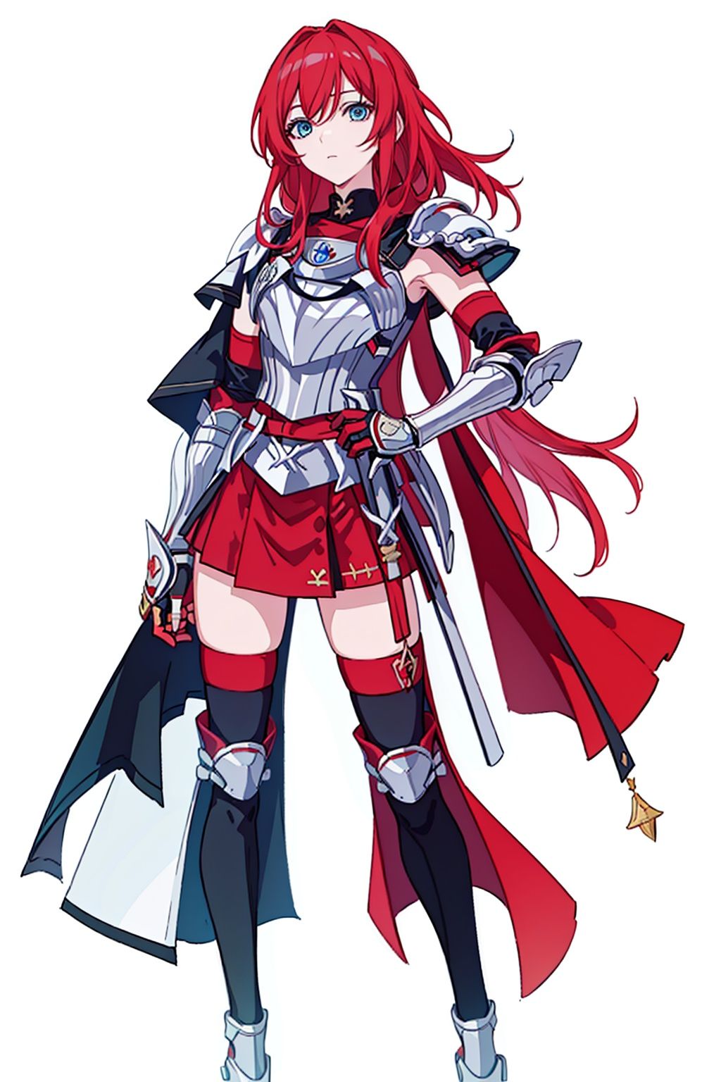 (masterpiece:1.3),(the best quality:1.2),(super fine illustrations:1.2),(Masterpiece),high quality,high detail,(white background:1.2),looking at viewer,(SOLO:1.4),outline,simple background,, pauldrons,thighhighs,breastplate,red cape,red skirt,blue eyes,hair_between_eyes,fu_hua,long hair,shoulder armor,armor,shoulder_armor