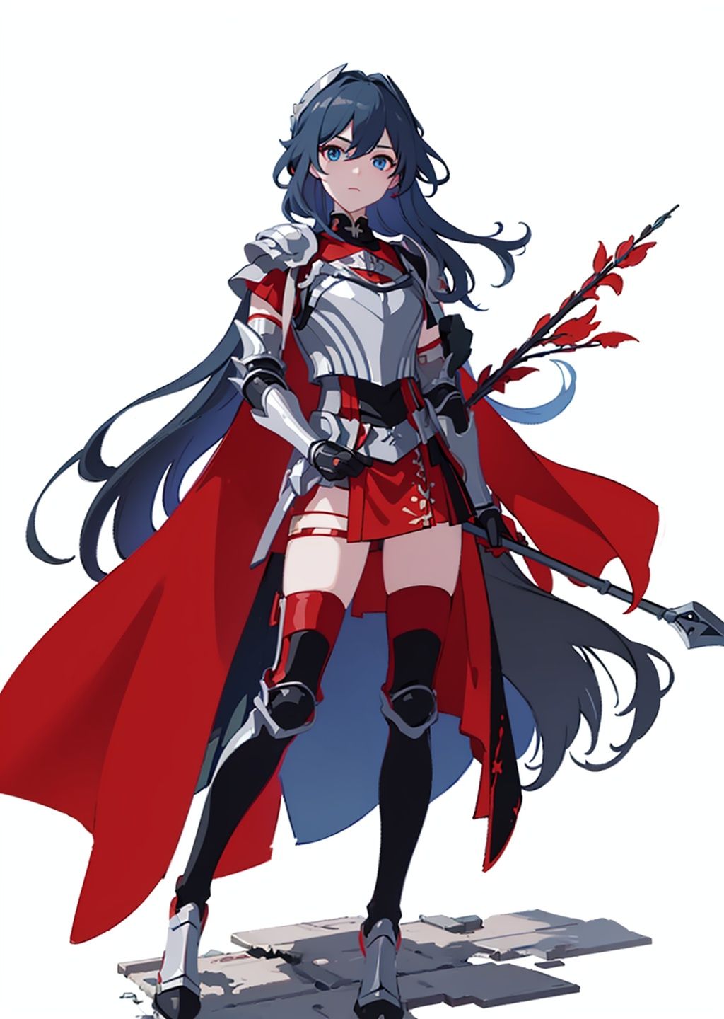 (masterpiece:1.3),(the best quality:1.2),(super fine illustrations:1.2),(Masterpiece),high quality,high detail,(white background:1.2),looking at viewer,(SOLO:1.4),outline,simple background,, pauldrons,thighhighs,breastplate,red cape,red skirt,blue eyes,hair_between_eyes,fu_hua,long hair,shoulder armor,armor,shoulder_armor
