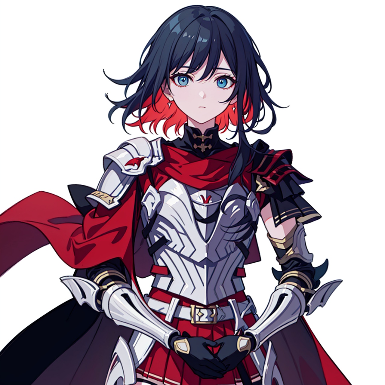  (masterpiece:1.3),(the best quality:1.2),(super fine illustrations:1.2),(Masterpiece),high quality,high detail,(white background:1.2),looking at viewer,(SOLO:1.4),outline,simple background,, pauldrons,thighhighs,breastplate,red cape,red skirt,blue eyes,hair_between_eyes,fu_hua,long hair,shoulder armor,armor, shoulder_armor