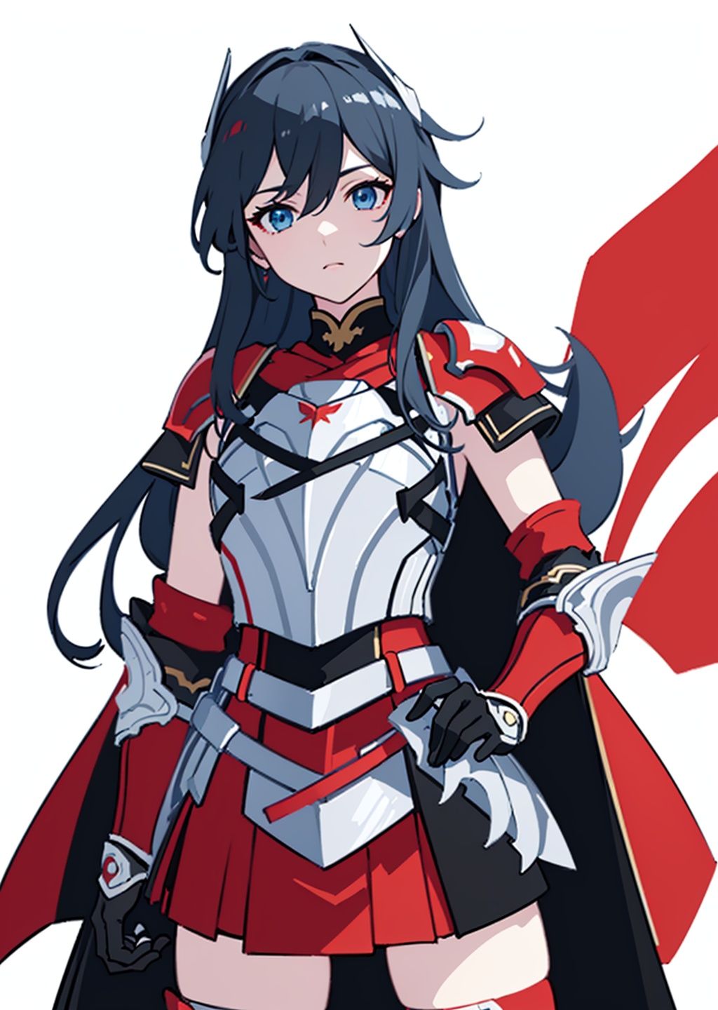 (masterpiece:1.3),(the best quality:1.2),(super fine illustrations:1.2),(Masterpiece),high quality,high detail,(white background:1.2),looking at viewer,(SOLO:1.4),outline,simple background,, pauldrons,thighhighs,breastplate,red cape,red skirt,blue eyes,hair_between_eyes,fu_hua,long hair,shoulder armor,armor,shoulder_armor