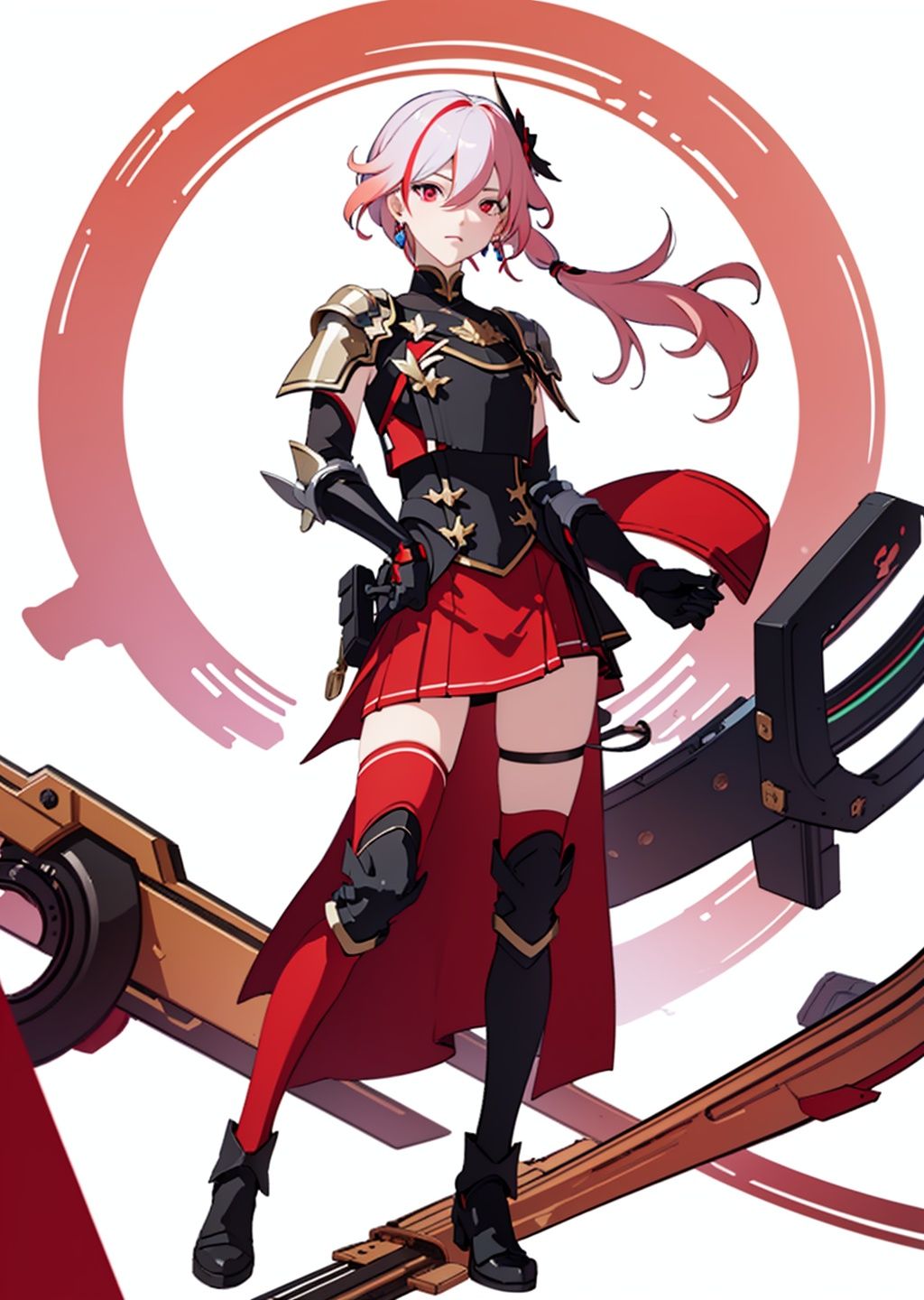 (masterpiece:1.3),(the best quality:1.2),(super fine illustrations:1.2),(Masterpiece),high quality,high detail,(white background:1.2),looking at viewer,(SOLO:1.4),outline,simple background,, , red skirt,skirt,white hair,pink hair,shoulder armor,hair ornament,armor,thighhighs,streaked hair,red hair,multicolored hair,red eyes,fu_hua,hair_between_eyes,solo,multicolored_hair