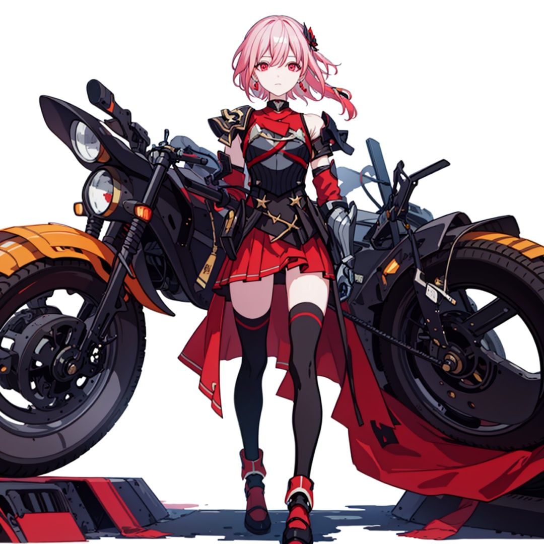 (masterpiece:1.3),(the best quality:1.2),(super fine illustrations:1.2),(Masterpiece),high quality,high detail,(white background:1.2),looking at viewer,(SOLO:1.4),outline,simple background,, , red skirt,skirt,white hair,pink hair,shoulder armor,hair ornament,armor,thighhighs,streaked hair,red hair,multicolored hair,red eyes,fu_hua,hair_between_eyes,solo, fu_hua
