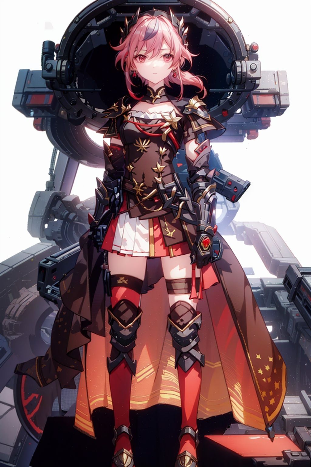 (masterpiece:1.3),(the best quality:1.2),(super fine illustrations:1.2),(Masterpiece),high quality,high detail,(white background:1.2),looking at viewer,(SOLO:1.4),outline,simple background,, , red skirt,skirt,white hair,pink hair,shoulder armor,hair ornament,armor,thighhighs,streaked hair,red hair,multicolored hair,red eyes,fu_hua,hair_between_eyes,solo,multicolored_hair, fu_hua