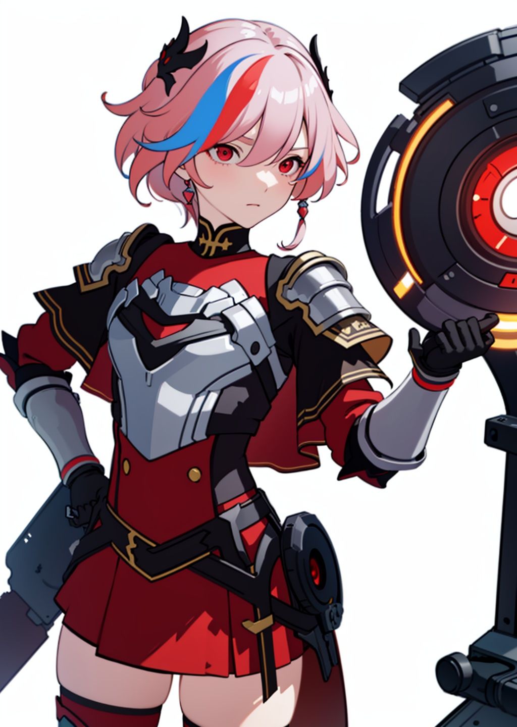 (masterpiece:1.3),(the best quality:1.2),(super fine illustrations:1.2),(Masterpiece),high quality,high detail,(white background:1.2),looking at viewer,(SOLO:1.4),outline,simple background,, , red skirt,skirt,white hair,pink hair,shoulder armor,hair ornament,armor,thighhighs,streaked hair,red hair,multicolored hair,red eyes,fu_hua,hair_between_eyes,solo,multicolored_hair