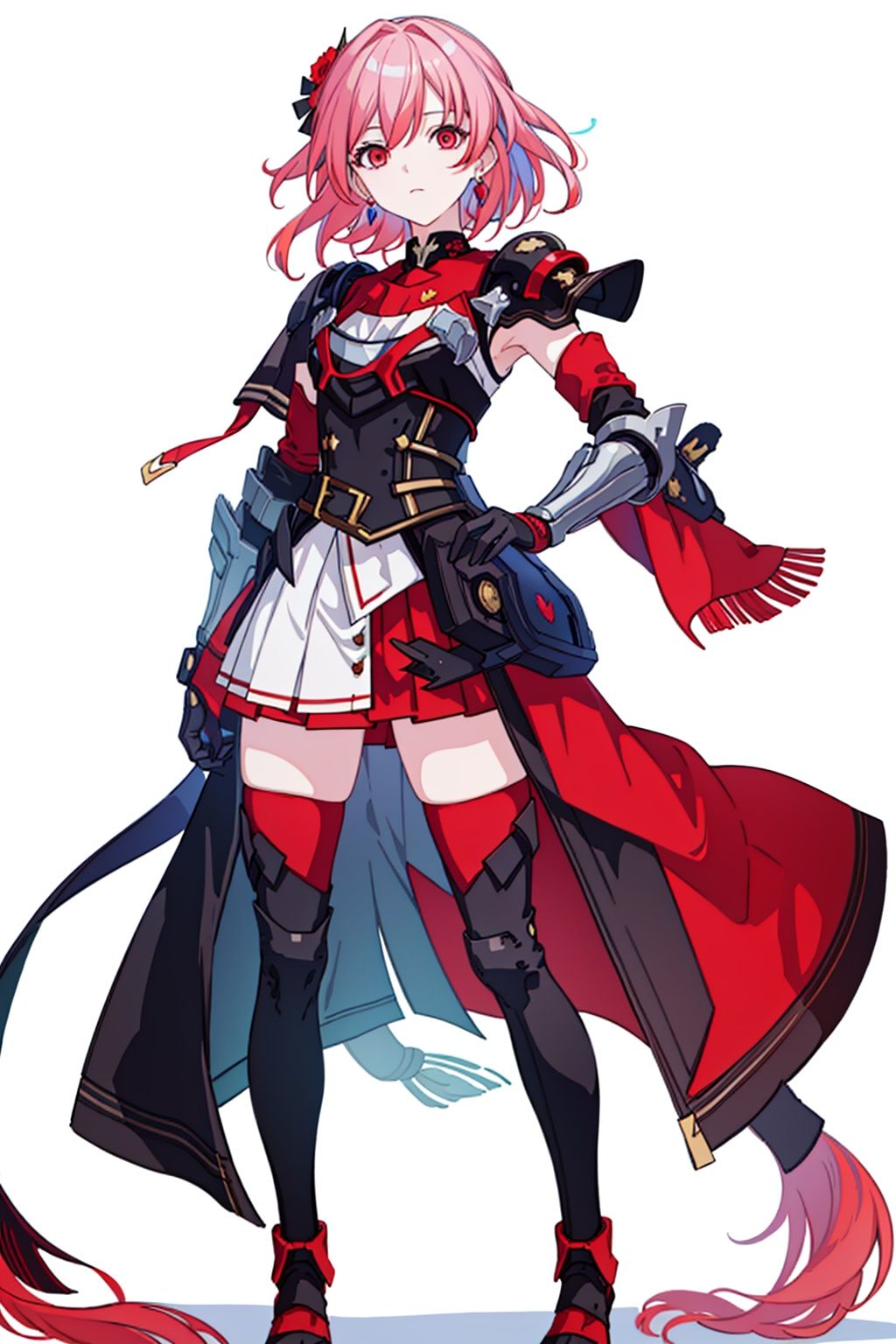 (masterpiece:1.3),(the best quality:1.2),(super fine illustrations:1.2),(Masterpiece),high quality,high detail,(white background:1.2),looking at viewer,(SOLO:1.4),outline,simple background,, , red skirt,skirt,white hair,pink hair,shoulder armor,hair ornament,armor,thighhighs,streaked hair,red hair,multicolored hair,red eyes,fu_hua,hair_between_eyes,solo,multicolored_hair