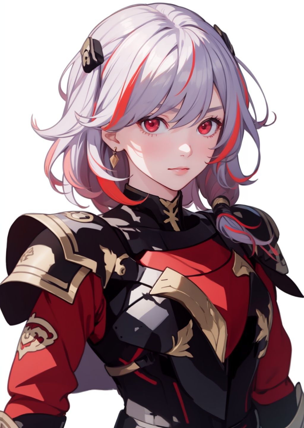 (masterpiece:1.3),(the best quality:1.2),(super fine illustrations:1.2),(Masterpiece),high quality,high detail,(white background:1.2),looking at viewer,(SOLO:1.4),outline,simple background,, fu_hua,white_hair,red_hair,red_eyes,pink_hair,multicolored_hair,armor,