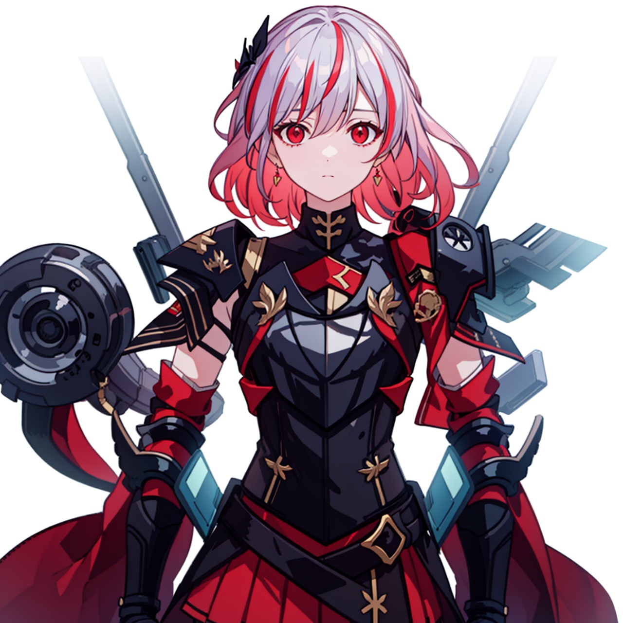  (masterpiece:1.3),(the best quality:1.2),(super fine illustrations:1.2),(Masterpiece),high quality,high detail,(white background:1.2),looking at viewer,(SOLO:1.4),outline,simple background,, , red skirt,skirt,white hair,pink hair,shoulder armor,hair ornament,armor,thighhighs,streaked hair,red hair,multicolored hair,red eyes,fu_hua,hair_between_eyes,solo, fu_hua