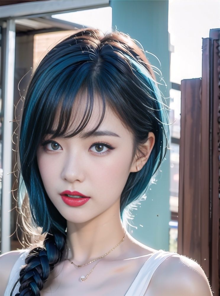 a blue hair,The girl in the white dress,Behind is the newspaper background,Red lipstick on his face,Artgerm,Animation art style,Computer Graphics,Computer Arts,Asians, <lora:girl_20230627111121:0.6>