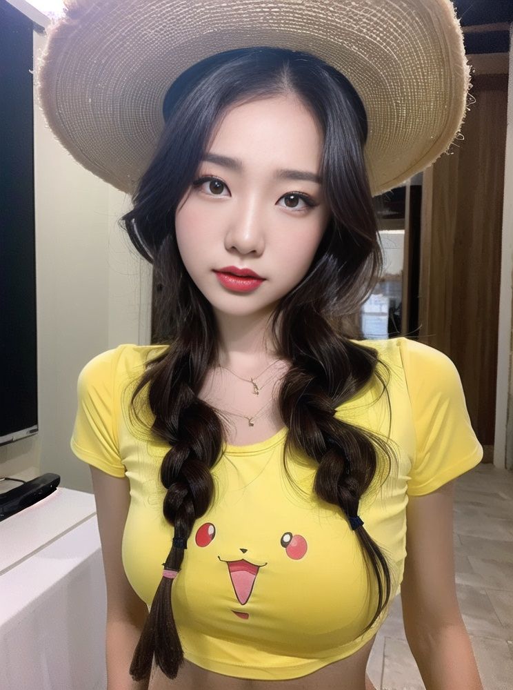 This image shows 1 young women,She has long black hair and brown eyes,She was wearing 1 white dresses,Wearing a 1 gray sun hat,Her hair was tied into a ponytail,No makeup on face,The whole scene is very natural,Give a person a kind of fresh feeling,Dynamic,Super Detail,Searle Shadow,8K Detail Post-Processing,Magnificent,Super realism.,8k,Epic composition,Complicated details, <lora:Pikachu T Shirt_20230805184254:0.8>Pikachu T-Shirtpikachuyellow shirtlarge breastsmidriff