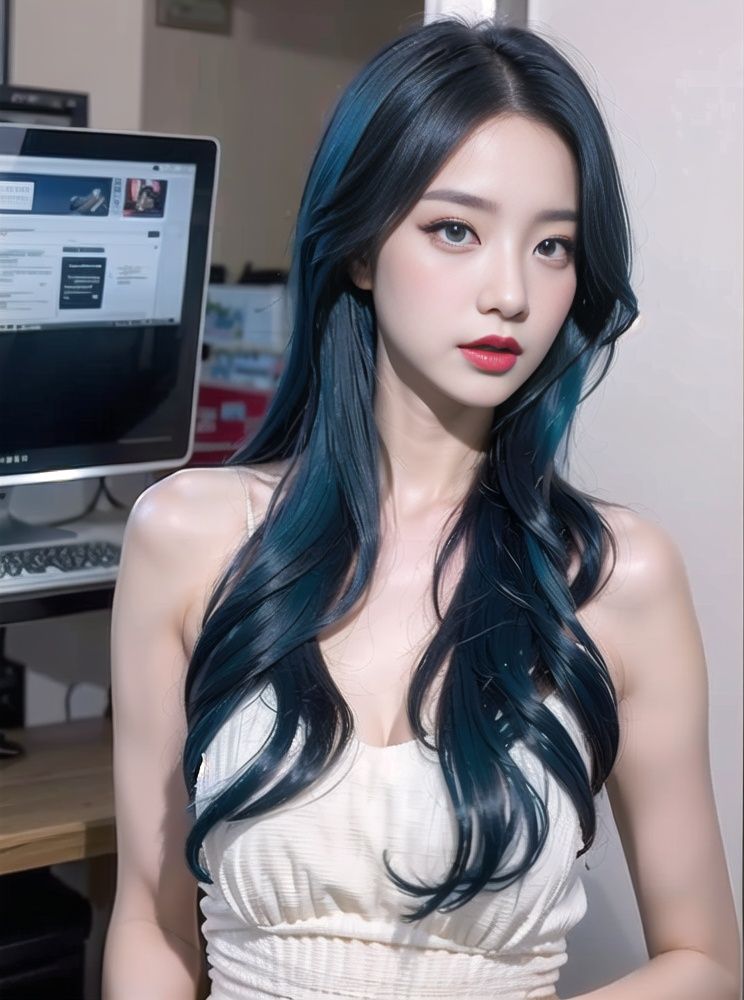 a blue hair,The girl in the white dress,Behind is the newspaper background,Red lipstick on his face,Artgerm,Animation art style,Computer Graphics,Computer Arts,Asians, <lora:girl_20230627111121:0.6>