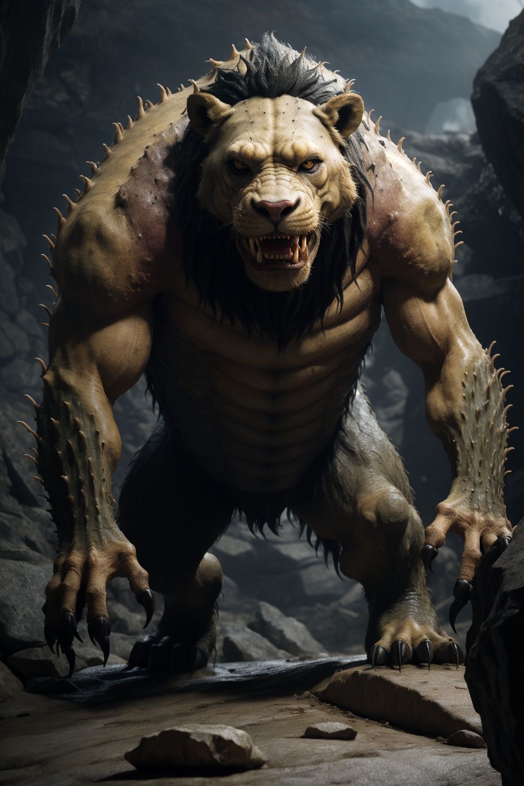 A lion-like monster, a mutant monster, crawled out of the rock
