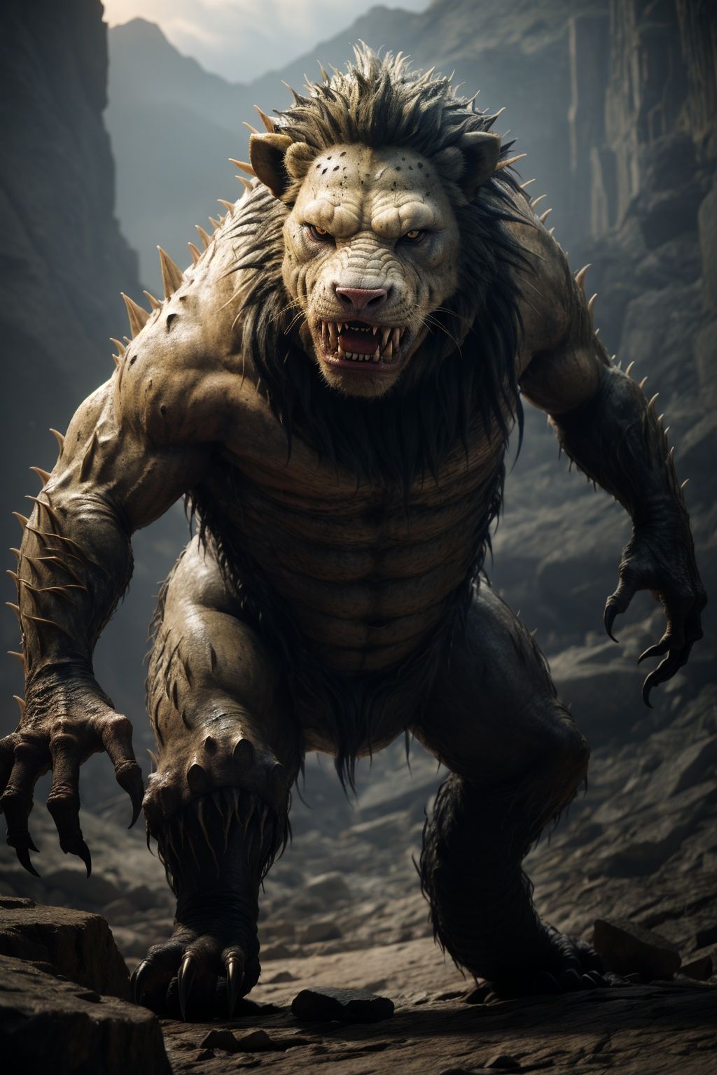 A lion-like monster, a mutant monster, crawled out of the rock