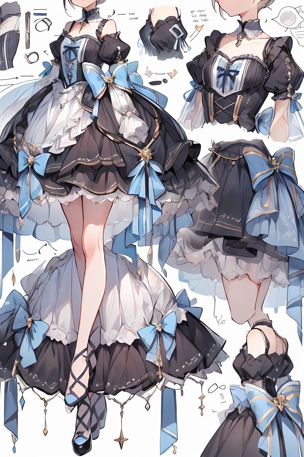 qzclothesdesign, dress, 1girl,lolita_fashion,multiple views,, reference sheet, three visions