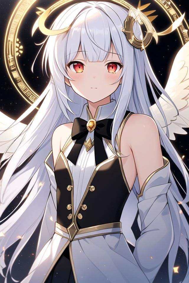 (((masterpiece))),(((crystals texture Hair))),(((((extremely detailed CG))))),((8k_wallpaper)), (1 girls:1.5),big top sleeves, floating,beautiful detailed eyes, overexposure, side blunt bangs, buttons, bare shoulders,(loli),light shafts, soft focus, character focus,wings,(((Transparent wings))),[((Wings made of golden lines,angel wing,gold halo around girl,many golden ribbon,Aureate headgear,gold magic circle in sky,ight, black sky):1.3):((galaxy background, snowflakes, night sky, black pupils, starts sky background, stars behind girl, view on sky,standing):0.8)],[(Elegant hair,Long hair,The flying golden lines,Messy golden lines,halo,hairs between eyes,Small breasts,ribbons, bowties,red eyes, golden pupil, white hair,flowing hair,disheveled hair,lowing long hair):(Delicate arms and hands):0.8] 