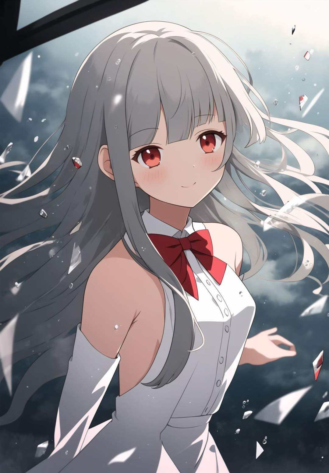 Brilliant light and shadow,Back lit,1girl, side blunt bangs,hairs between eyes,Red eyes,delicate face, ribbons,White Dress, bowties, buttons, bare shoulders,Detached Sleeve,(small breast), ((breeze)), Flying splashes,wind,Long flowing hair,(Broken glass),Grey hair,The flying water,Hair covering your body,The flying red ribbon,(Ink painting style),[:(Delicate arms and hands):0.8]