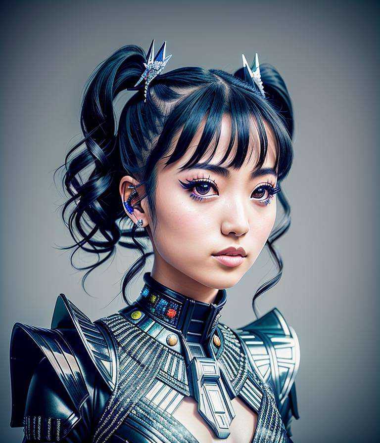 RAW photo,  hyper real photo of moametal japanese woman with with twintails hair in black dress with iridescent reflection...