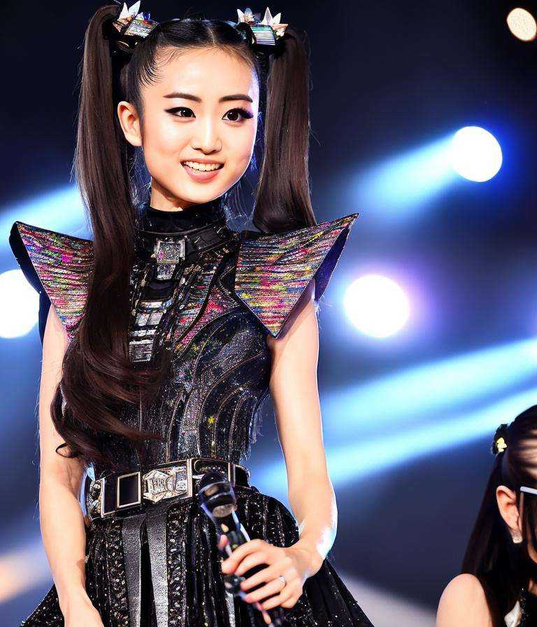 RAW photo,  hyper real photo of moametal japanese woman with with twintails hair in black dress with iridescent reflection...