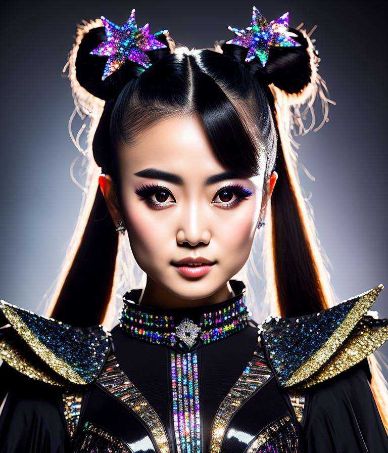 RAW photo,  hyper real photo of moametal japanese woman with with twintails hair in black dress with iridescent reflection...