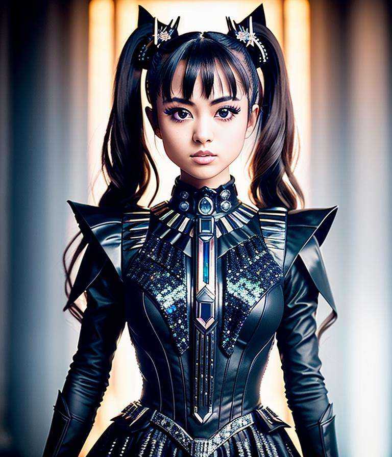 RAW photo,  hyper real photo of moametal2 person with twintails hair in black dress with iridescent sequined outfit that g...