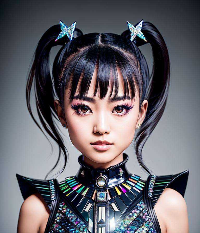 RAW photo,  hyper real photo of moametal japanese woman with with twintails hair in black dress with iridescent reflection...