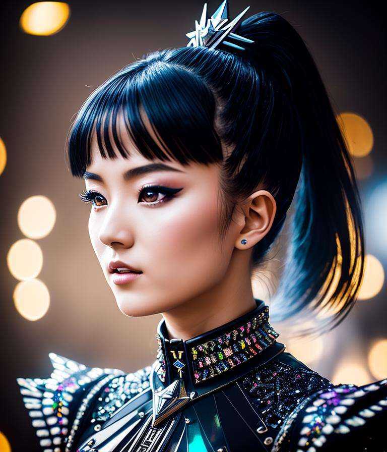 RAW photo,  hyper real photo of sumetal japanese woman with a ponytail and crown on her head in black dress with iridescen...