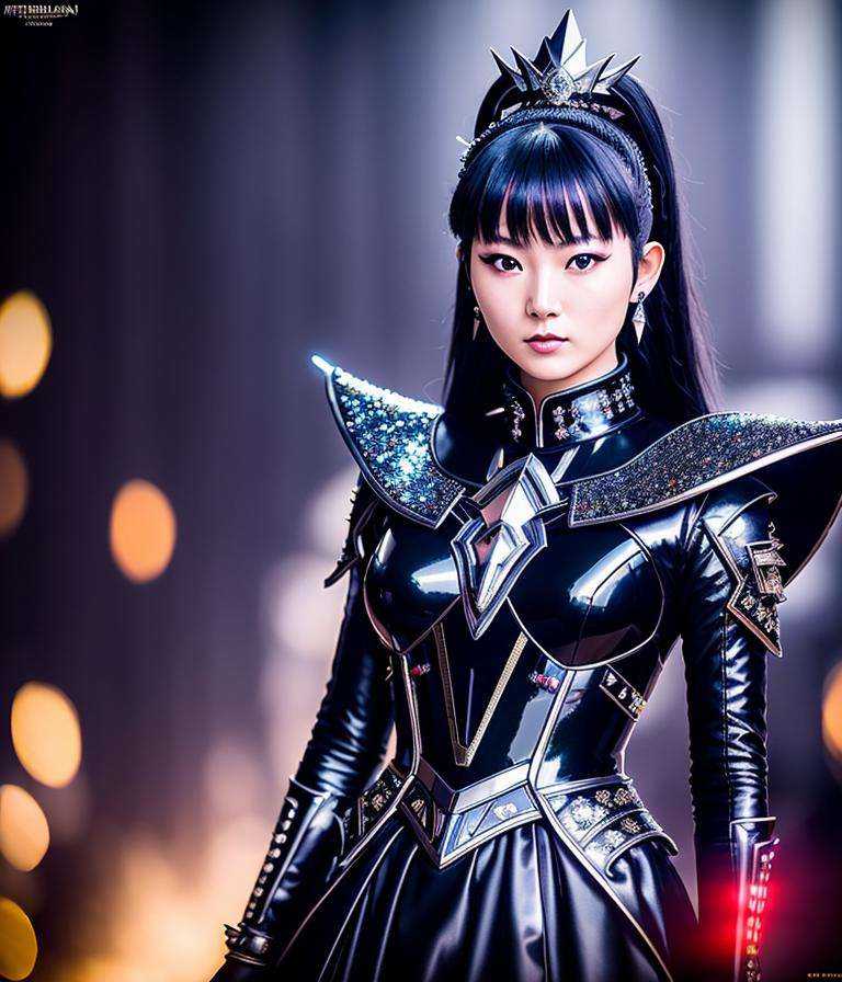 RAW photo,  hyper real photo of sumetal japanese woman with a ponytail and crown on her head in black dress with iridescen...