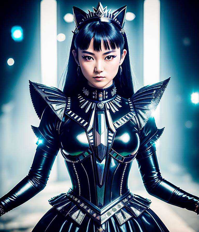 RAW photo,  hyper real photo of sumetal japanese woman with a ponytail and crown on her head in black dress with iridescen...