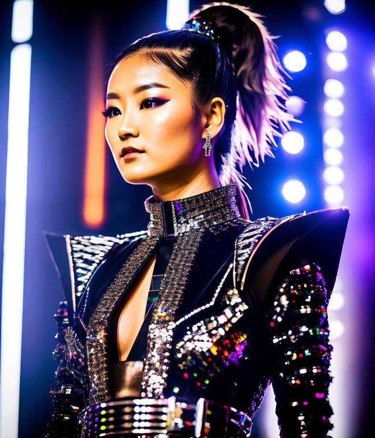 RAW photo,  hyper real photo of sumetal japanese woman with a ponytail and crown on her head in black dress with iridescen...