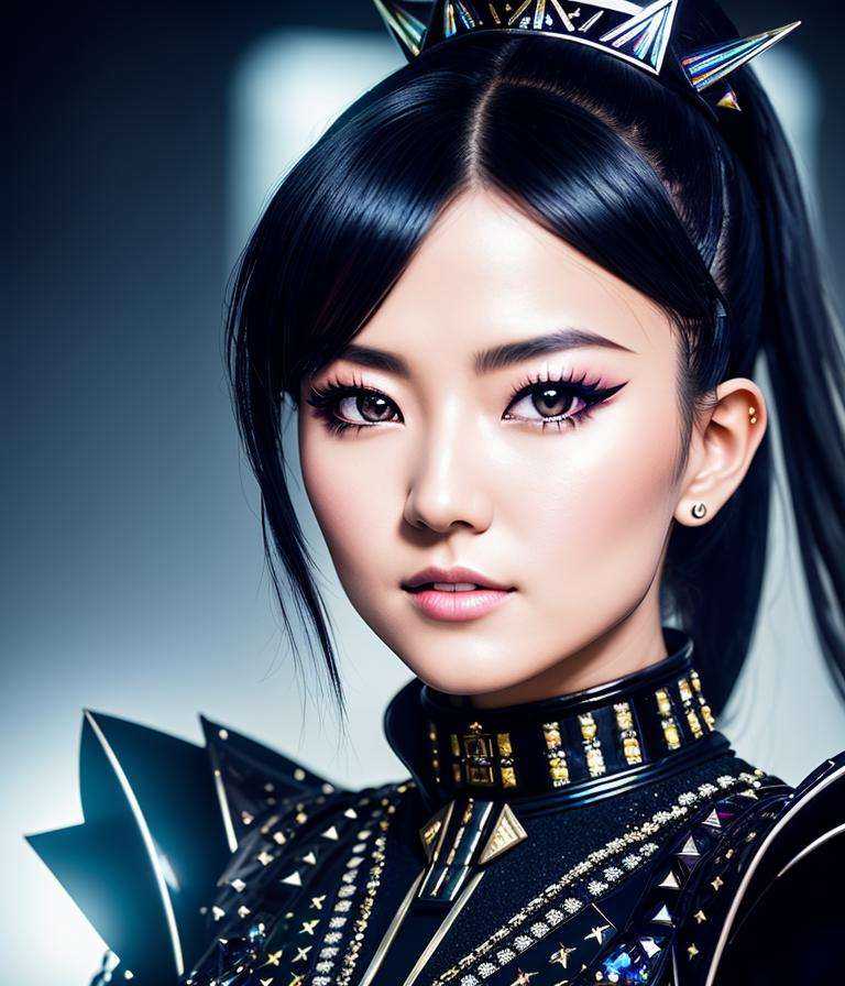 RAW photo,  hyper real photo of sumetal japanese woman with a ponytail and crown on her head in black dress with iridescen...