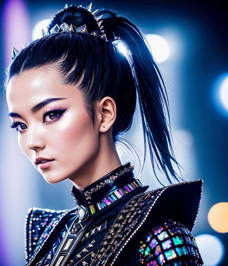 RAW photo,  hyper real photo of sumetal japanese woman with a ponytail and crown on her head in black dress with iridescen...